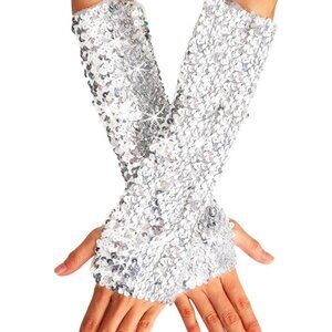 Women's D-Silver Fashion Sequin Glitter Long Arm Sleeves Gloves Fingerless